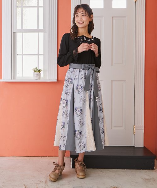 セール ローズ柄切替ロングフレアスカート アクシーズファム Axes Femme Magaseek