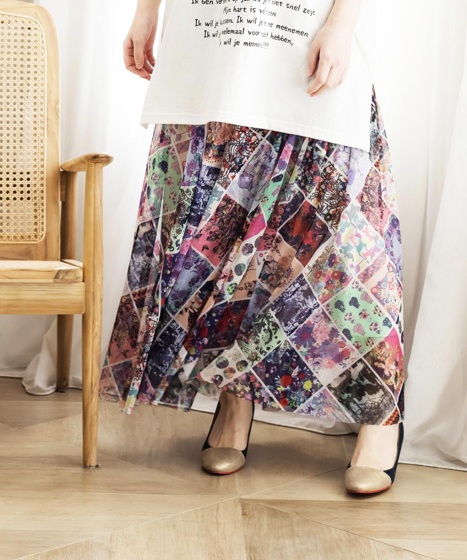 レアデザイン異素材トルネードパッチワーク装飾スカート美品／トリコ