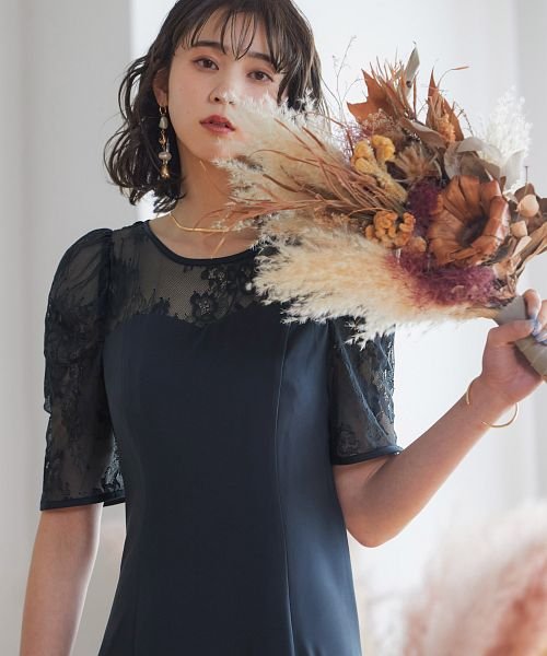 結婚式 ワンピース パーティードレス レース ロング丈 プリーツ 切り替え ミモレ丈 袖あり 半袖 リボン パフスリーブ ロング オケージョン 1 5次会 春 ニアナ Niana Magaseek