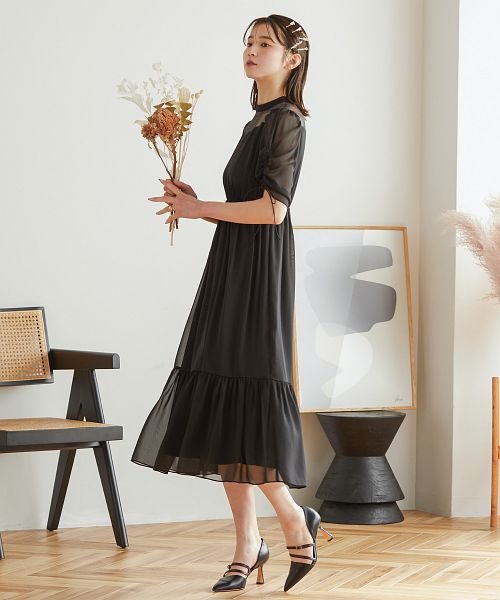 セール 結婚式 ワンピース パーティードレス シアー ラメ チュール シフォン 透け感 ロング丈 袖あり ボリューム袖 二の腕カバー 半袖 リボン フレア ロングドレス ニアナ Niana Magaseek