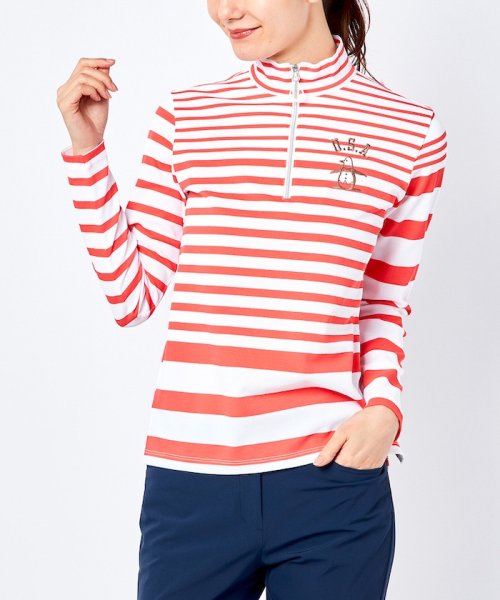 Munsingwear(マンシングウェア)/アシメトリーボーダージップシャツ【アウトレット】/ピンク×ホワイトボーダー