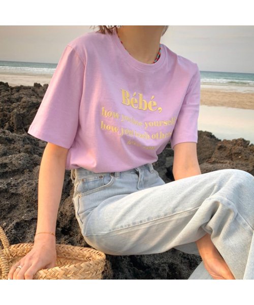 JUNOAH(ジュノア)/刺繍ロゴTシャツ 韓国ファッション/ピンク