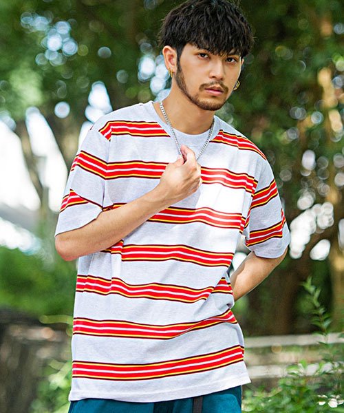 SB Select(エスビーセレクト)/Dickies マルチボーダークルーネック半袖ビッグTシャツ ディッキーズ Tシャツ メンズ ブランド オシャレ 大人 半袖 ボーダー トップス ロゴ カットソ/グレー