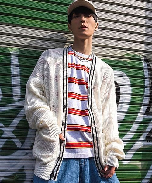 Cavaria ライン入りビッグシルエット長袖ボタンカーディガン メンズ ブランド ライン ボタン ストレッチ 長袖 伸縮性 トップス オーバーサイズ 羽織 韓 キャバリア Cavaria Magaseek