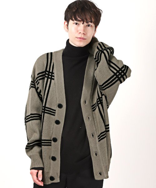 セール チェック柄オーバーサイズカーディガン カーディガン メンズ レディース チェック柄 総柄 ニット ビッグシルエット ラグスタイル Luxstyle Magaseek