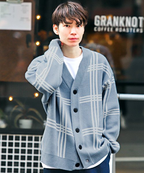 セール チェック柄オーバーサイズカーディガン カーディガン メンズ レディース チェック柄 総柄 ニット ビッグシルエット ラグスタイル Luxstyle Magaseek