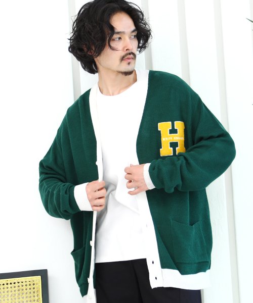 JIGGYS SHOP(ジギーズショップ)/サガラ刺繍ニットカーデ / カーディガン メンズ ニットカーディガン cardigan トップス ビッグシルエット/グリーン