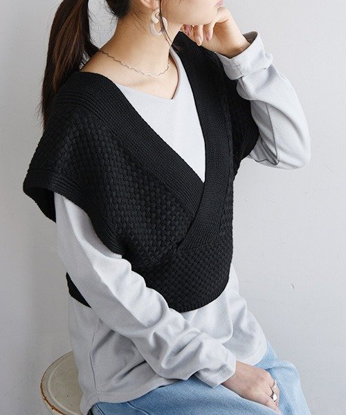 セール 2wayカシュクールベスト ベスト レディース ニットベスト トップス プルオーバー 前後2way 春夏秋 重ね着 レイヤード Vネック ライトベージュ ブラッ アンドイット And It Magaseek