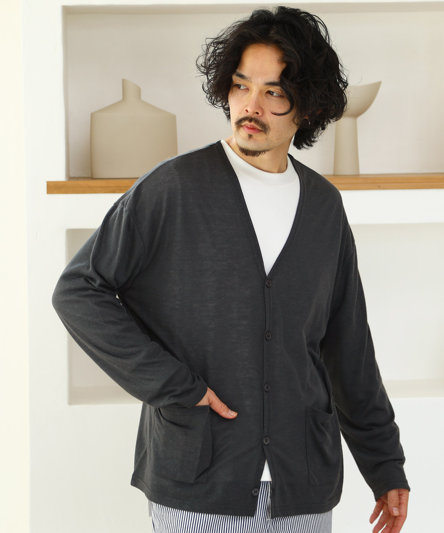 麻混釦カーデ / カーディガン メンズ ニットカーディガン cardigan 薄手 オフィス ビジネス トップス 綿麻 リネン 麻