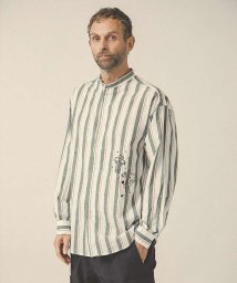 ABAHOUSE(ABAHOUSE)/コットン リネン ストライプ 刺繍 バンドカラー シャツ/オフホワイト