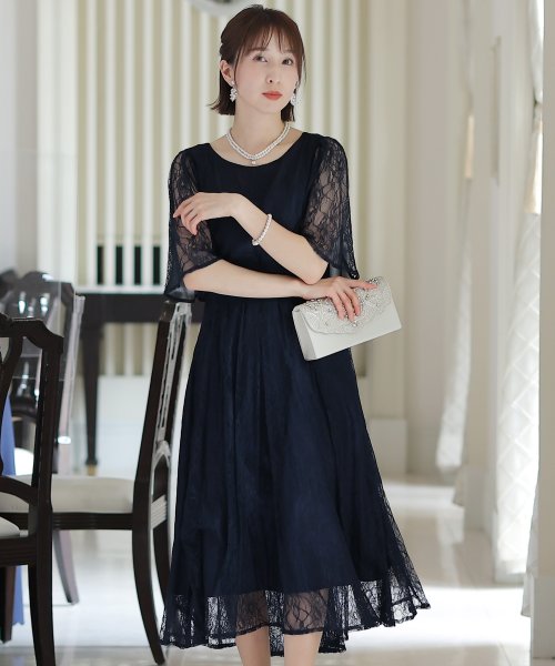 シフォン切替スリーブAラインワンピース 結婚式 パーティードレス 結婚式 二次会 食事会 セレモニー 発表会