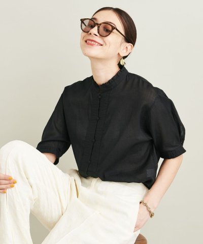 BEAUTY&YOUTH UNITED ARROWS／BY 麻ブレンド フリルスタンドカラー5分袖ブラウス －ウォッシャブル－／504580705
