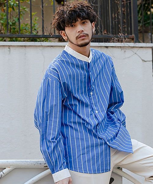 Sb Select バルーンスリーブバンドカラーストライプシャツ メンズ ブランド 長袖 トップス カジュアルシャツ バンドカラー ストライプ柄 バルーンスリー エスビーセレクト Sb Select Magaseek