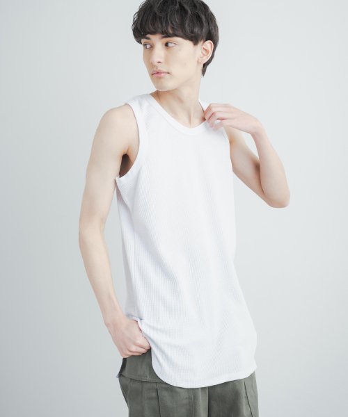タンクトップ ノースリーブ ロンタン メンズ レディース サーマル ワッフル ゆったり ルーズ ロング丈 ラウンドカット 無地 インナー レイヤード 重ね着 カ ロッキーモンロー Rocky Monroe Magaseek