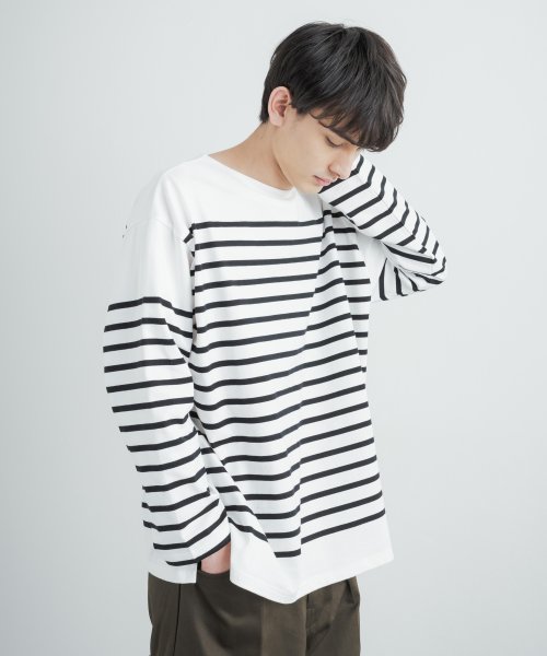 ボーダーtシャツ バスクシャツ メンズ レディース ボートネック 長袖カットソー パネルボーダー 尾州 12オンス 日本製 ビッグシルエット ボックス オーバー ロッキーモンロー Rocky Monroe Magaseek