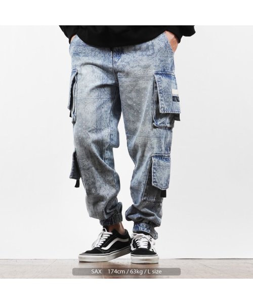 カーゴパンツ メンズ デニムパンツ レディース ワイドパンツ ◆ペイズリー柄 ルーズシルエット カーゴパンツ◆ 総柄 パンツ ワイドデニム ワイドカーゴパンツ SAX BLACK なし Sサイズ cm パンツ 裾口幅11 Mサイズ Lサイズ