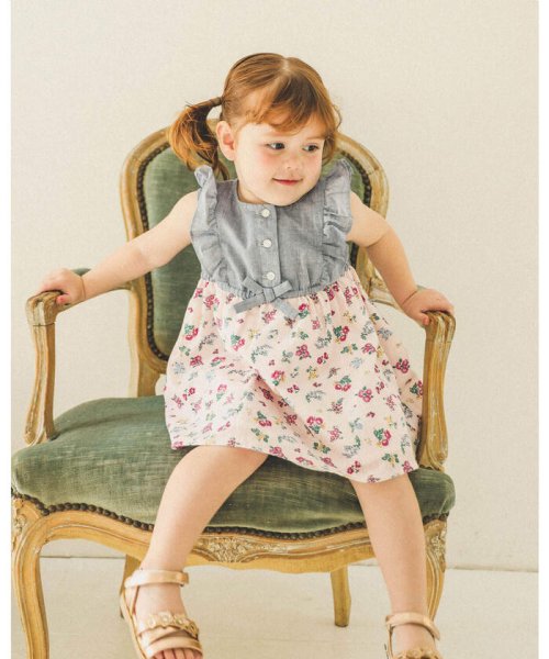 フラワー プリント ダンガリー 切り替え ワンピース ベビー 80 90cm ベベ Bebe Magaseek