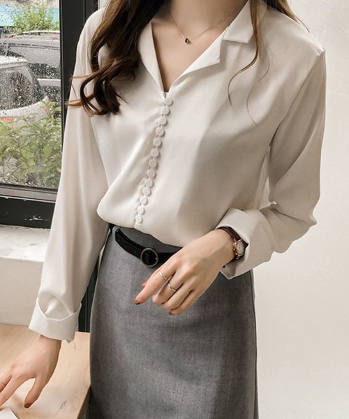 セール 22新作フロントボタン シャツ ブラウス トップス オフィス フォーマル 韓国ファッション おしゃれ 長袖 ホワイト ショッピングゴー Shoppinggo Magaseek