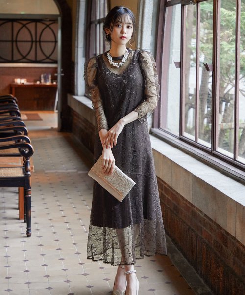 結婚式 ワンピース パーティードレス 刺繍 レース ロング 総レース ロング丈 パワーショルダー 小さいサイズ 袖あり オケージョン 1 5次会 春 夏 秋 ニアナ Niana Magaseek