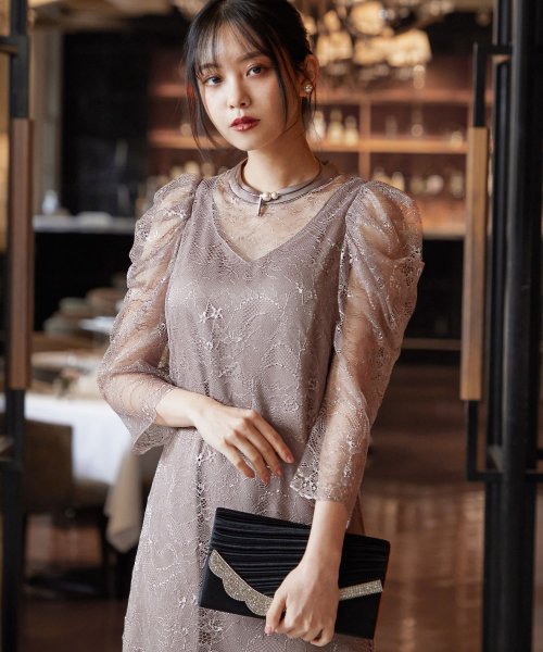 結婚式 ワンピース パーティードレス 刺繍 レース ロング 総レース ロング丈 パワーショルダー 小さいサイズ 袖あり オケージョン 1 5次会 春 夏 秋 ニアナ Niana Magaseek