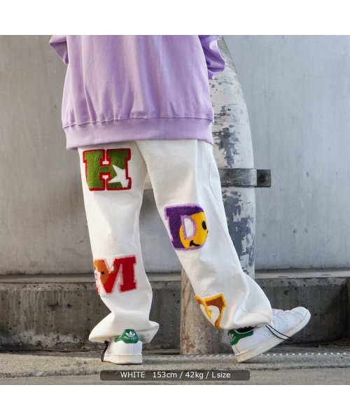 セール ワイドパンツ メンズ パンツ レディース ボトムス サガラワッペン ワイドパンツ ボトム ストレートパンツ 裾ドローコード 綿100 かわいい 派手 白 ワンフォークロージング 1111clothing Magaseek