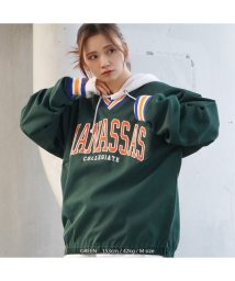 1111clothing(ワンフォークロージング)/プルオーバー メンズ オーバーサイズ レディース トレーナー ◆ラインリブ カレッジロゴ プルオーバーシャツ◆ ビッグシルエット トップス 長袖 カレッジ 刺繍/グリーン