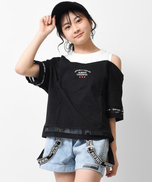 RiCO SUCRE(リコ シュクレ)/レイヤード風肩あきTシャツ/ブラック