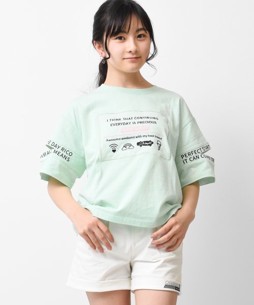 RiCO SUCRE(リコ シュクレ)/チュール刺繍ロゴ袖スリットTシャツ/ミント