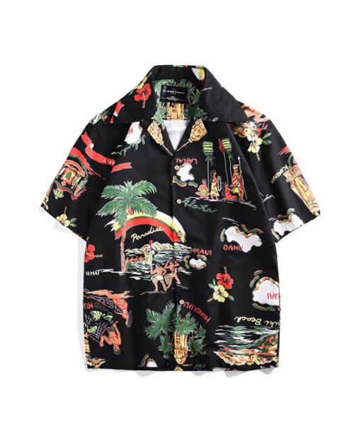 メンズ アロハシャツ 半袖 海外旅行 ハワイアン 大きいサイズ シャツ トップス 黒 ブラック 総柄 夏服 花柄 大人 カジュアルシャツ クララキッズ Clarah Kids Magaseek