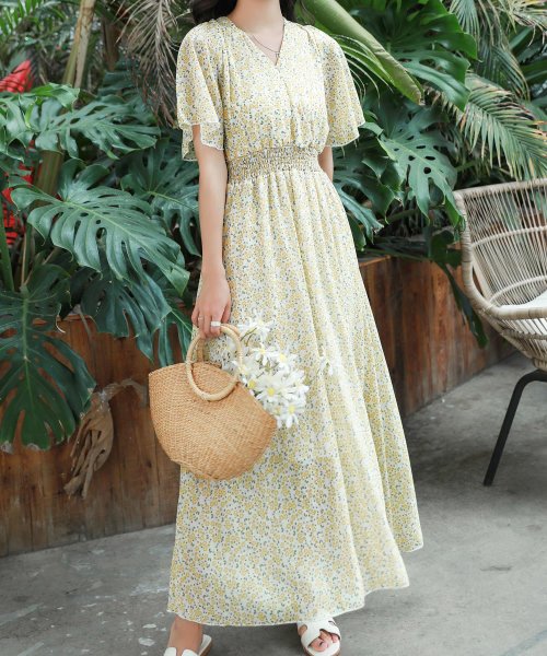 レディース Vネック花柄ウエスト絞りふんわりロングワンピース テディショップ Teddyshop Magaseek