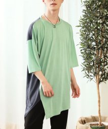 TopIsm(トップイズム)/アシンメトリー バイカラー カットソー メンズ 半袖 Tシャツ ワイドシルエット ドロップショルダー 配色切替 クルーネック 男女兼用 ユニセックス ストリート/ミント