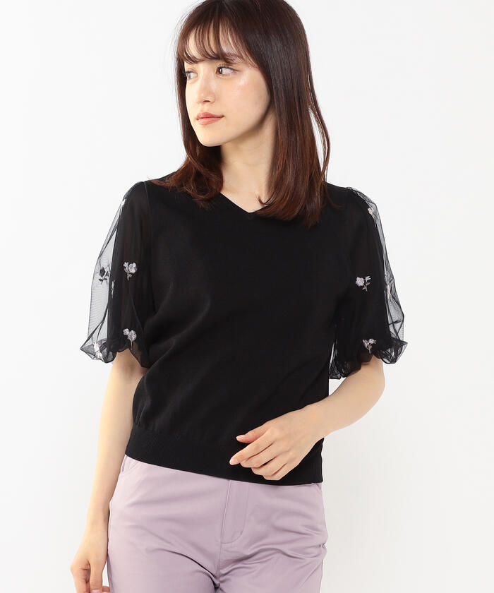 ミッシュマッシュビジュー襟付ニットトップス黒シフォン異素材オーガンジー秋冬レディ シャツ ブラウス 半袖 袖なし Www Autole Co Il