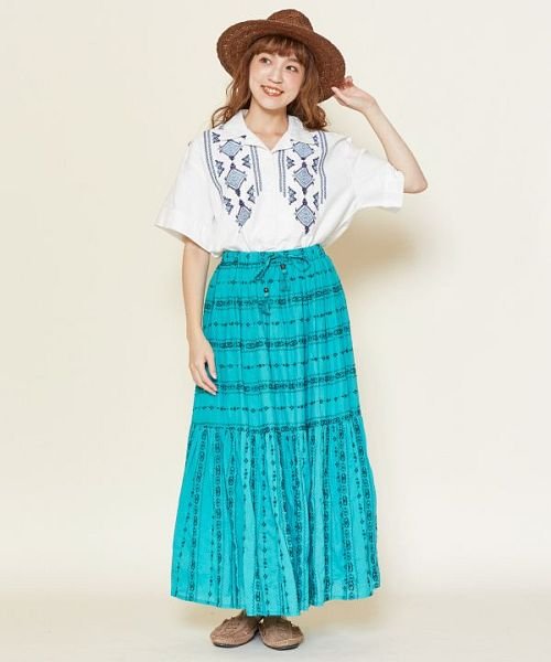 CAYHANE(チャイハネ)/【チャイハネ】ネイティブ柄刺繍ロングスカート IAN－2106/ブルー