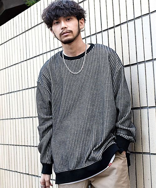 Cavaria クルーネック長袖ワッフルビッグニット メンズ セーター Tシャツ 長袖 ロンt 長袖tシャツ 春 オーバーサイズ ビッグシルエット 大きいサイズ キャバリア Cavaria Magaseek