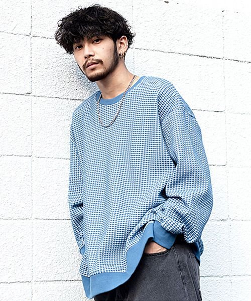セール Cavaria クルーネック長袖ワッフルビッグニット メンズ セーター Tシャツ 長袖 ロンt 長袖tシャツ 春 オーバーサイズ ビッグシルエット 大きいサイズ キャバリア Cavaria Magaseek