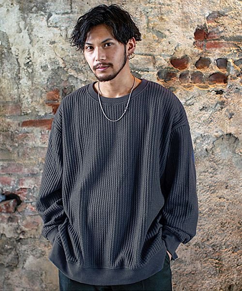 Cavaria クルーネック長袖ワッフルビッグニット メンズ セーター Tシャツ 長袖 ロンt 長袖tシャツ 春 オーバーサイズ ビッグシルエット 大きいサイズ キャバリア Cavaria Magaseek