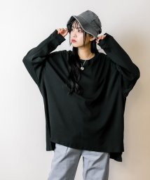 atONE(アットワン)/ドルマンスリーブテールカットワイドロングカットソー 長袖Tシャツ  オーバーサイズビッグプルオーバー ドルマンスリーブ ドルマン レディース春物トップス/ブラック