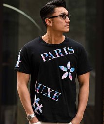 SB Select(エスビーセレクト)/LUXE/R タイダイワッペン総柄クルーネック半袖Tシャツ メンズ 半袖 ブランド 大人 カジュアル スポーツトレーニング ジム ラグスポ ロゴ 刺繍 カットソ/ブラック