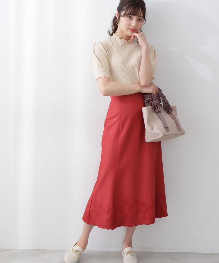 |美人百花6月号掲載商品|カットワークマーメイドスカート WEB限定カラー:アプリコットオレンジ