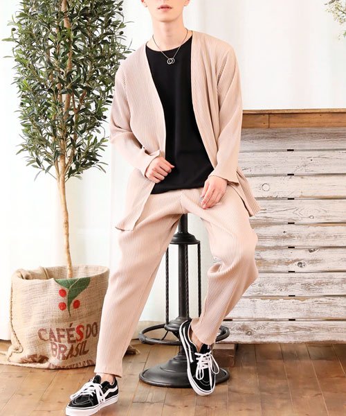 セール セットアップ メンズ 上下セット プリーツ加工 ノーカラー カーディガン イージーパンツ ワイドシルエット トップイズム Topism Magaseek