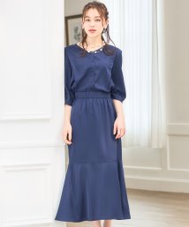 DRESS+(ドレス プラス)/セットアップ 通勤 レディース ブラウス　aライン スカート 春夏/ネイビー