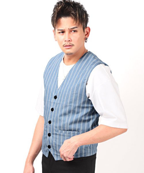 セール デニムストライプベスト ベスト メンズ ジレ デニム アーバンベスト ストライプ柄 ラグスタイル Luxstyle Magaseek