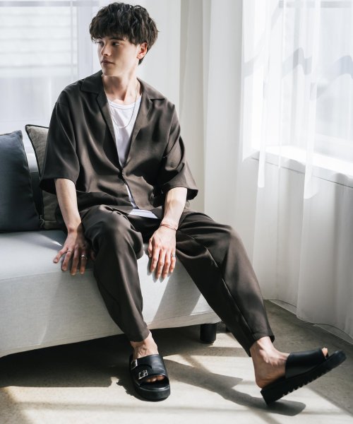 半袖セットアップ メンズ シャツジャケット ワイドパンツ タンクトップ ノースリーブtシャツ インナー 5分袖 きれいめ 無地 シンプル オーバーサイズ テーパ ロッキーモンロー Rocky Monroe Magaseek