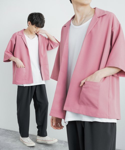 半袖セットアップ メンズ シャツジャケット ワイドパンツ タンクトップ ノースリーブtシャツ インナー 5分袖 きれいめ 無地 シンプル オーバーサイズ テーパ ロッキーモンロー Rocky Monroe Magaseek
