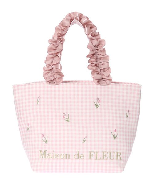 Maison de FLEUR(メゾンドフルール)/ギンガムチューリップ刺繍フリルトートバッグ/ピンク
