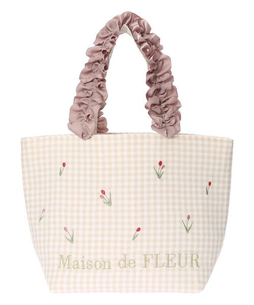 Maison de FLEUR(メゾンドフルール)/ギンガムチューリップ刺繍フリルトートバッグ/ベージュ