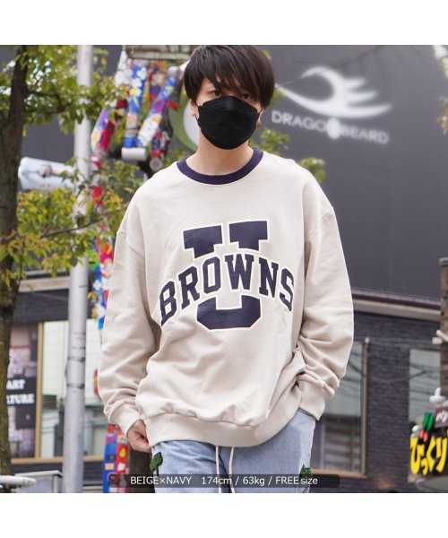 セール オーバーサイズ スウェット メンズ トレーナー レディース Brownsロゴ リンガーネック スウェットシャツ ビッグシルエット トップス 長袖 綿100 ワンフォークロージング 1111clothing Magaseek