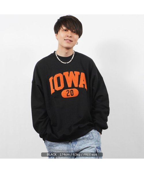 1111clothing(ワンフォークロージング)/オーバーサイズ スウェット メンズ トレーナー レディース ◆IOWA サガラ刺繍 スウェットシャツ◆ ビッグシルエット トップス 長袖 クルーネック 綿100/ブラック