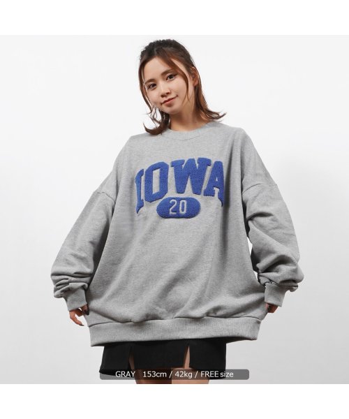 1111clothing(ワンフォークロージング)/オーバーサイズ スウェット メンズ トレーナー レディース ◆IOWA サガラ刺繍 スウェットシャツ◆ ビッグシルエット トップス 長袖 クルーネック 綿100/グレー