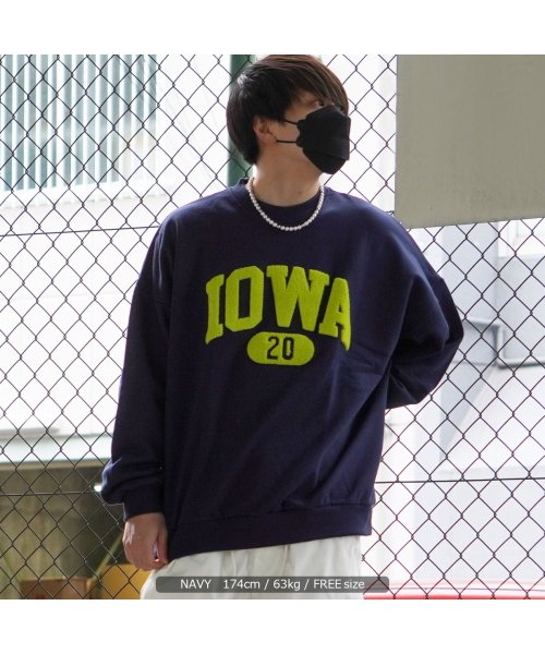 1111clothing(ワンフォークロージング)/オーバーサイズ スウェット メンズ トレーナー レディース ◆IOWA サガラ刺繍 スウェットシャツ◆ ビッグシルエット トップス 長袖 クルーネック 綿100/ネイビー